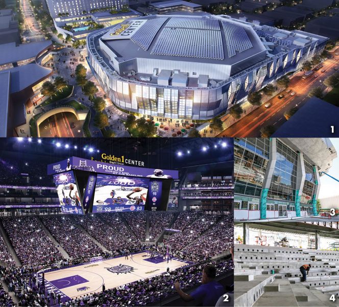 Solar panels on roof of Golden 1 Center (1). Energy efficient LED lighting (2). Hanger doors can be raised to provide natural ventilation (3). Displacement ventilation system conditions outdoor air and supplies it at low velocity throughout lower arena bowl (4).