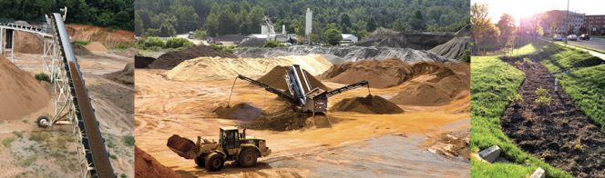 In 2015, Luck Ecosystems incorporated over 11,000 cubic yards of compost into its products at its blending and screening facility (above), including a biofiltration media (left) used in rain gardens (right). 