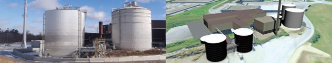 The existing Dufferin anaerobic digester facility (left) and rendering of the upgraded plant (right). 