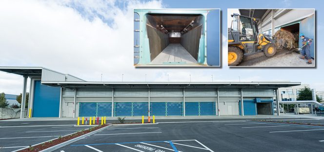 The facility includes an aerated receiving bay (far left), 8 digester tunnels (middle, above), and 2 in-vessel composting units (far right). Each digester tunnel has capacity for 240 cy of material (left inset). The mix going into the digesters is 60-65 percent food waste and 35-40 percent green waste (right inset). 