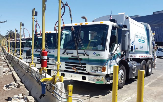 Trucks equipped with CNG engines (27 of 40 in the fleet) are filled nightly (right). All digester biogas is used for fleet fuel.