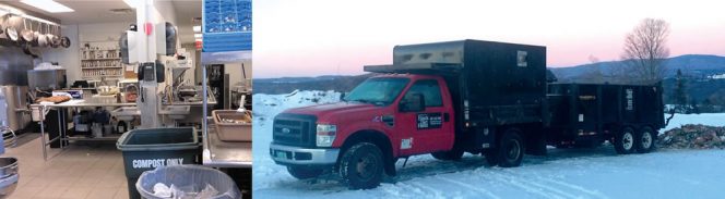 Black Dirt Farm uses a custom-built dump trailer (left) pulled by a 1-ton dump truck to collect and transport separated organics from Jay Peak and other generators it services. 