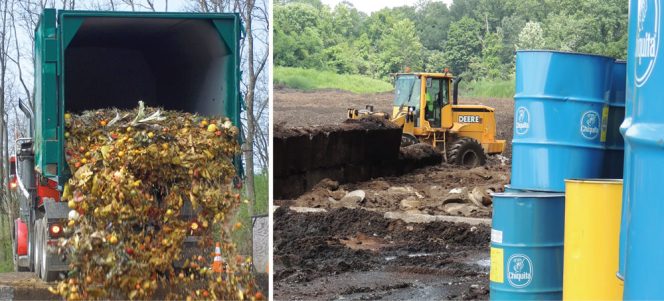 Food waste is unloaded at Ag Choice composting facility, where it is blended with carbon feedstocks prior to windrowing (left). Among food residuals received is banana puree seen in foreground (right).