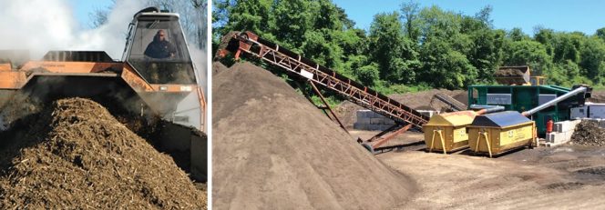 Use of a Komptech turner (left) more than doubled the volume of material that could be processed using a pull-behind unit. Double air separators (right) following a star screen effectively remove film plastic in the finished compost.