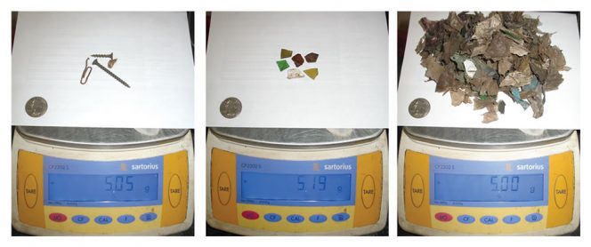 Photos of contaminants (from left to right) — metal, glass and film plastic. Each represents 0.5% of the total dry weight of the 1 kg of contaminated dry compost. 