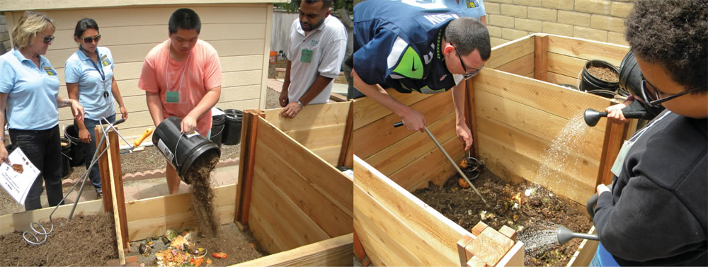 TERI clients add mulch to the compost bin (left) and check the moisture in the mix to ensure enough water is added (right).