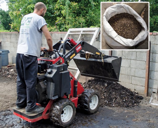 Bennett Compost uses a Toro stand-behind mini skid steer loader to help manage the aerated static piles. A portion of the compost and soil blends (inset) produced are given back to customers as a benefit. 
