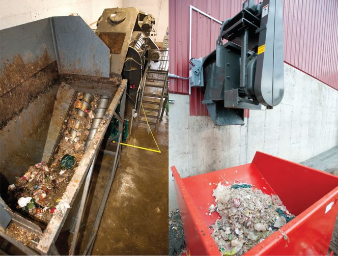 Exeter Agri-Energy has a Scott’s T-30 Turbo Separator (drum at rear in left photo) that can process up to 10 tons/hour. Contaminants in loads received from ecomaine member communities are transported back to the authority’s WTE facility for combustion (right).