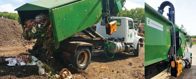 The food scraps collection truck is equipped with a Perkin’s candy-cane lift to tip the 64-gallon carts used in the pilot program. Photos courtesy of Emmet County