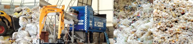 Source separated food scraps and BPI-certified compostable lunch trays from schools on Staten Island arrive at Staten Island Compost in clear plastic bags (1). The bags are processed in an Ecoverse Tiger (2), which separates the material into rejects (3) and processed food residuals and trays (4) that are composted in windrows with yard trimmings.