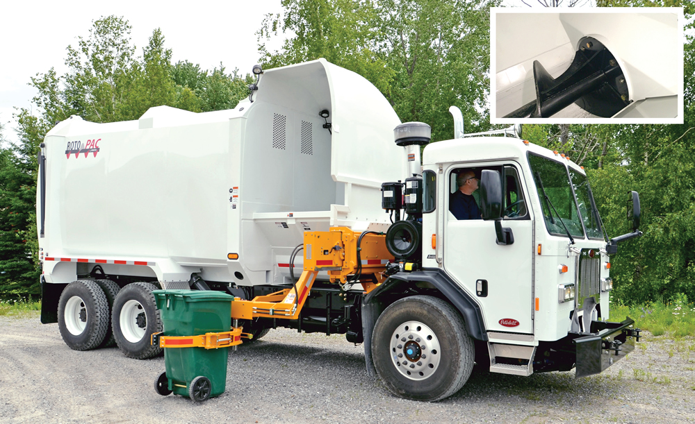 The ROTO-PAC® marketed by New Way has a retractable arm that can extend 12-feet (left) and a rotating auger mounted in the collection hopper (inset) that mixes and shreds organics, freeing up space in the truck body.