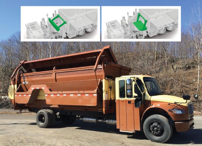 Labrie’s two organics dedicated models have a pendulum packer technology (artist rendering on far right) that continuously packs organics during collection. The collection containers on the side-loading model (right) are side mounted along the length of the truck frame.