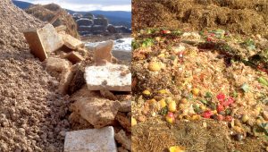 TAM Organics receives short cotton fiber from Crane Currency, which it blends with a dry feedstock from Ecovative Design (left, in chunks next to pile) and commercial food waste (above).