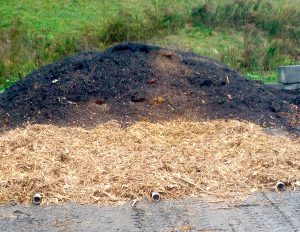 After blending, material is placed in aerated static piles on a gravel bed with PVC pipe. It remains under aeration for 2 to 3 weeks, before being put into windrows for curing.