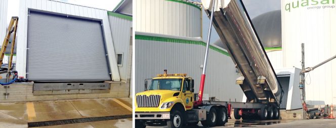 Hoppers where incoming organics are unloaded are kept under negative air to draw in any fugitive odors. An odor neutralizing atomizer system was installed around the perimeter of the hopper threshold (gray tubing, inset). 