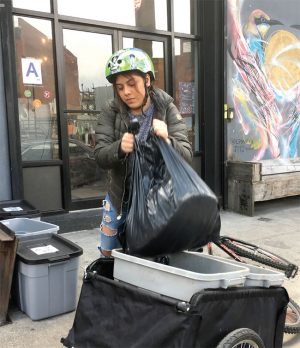 Four bike riders collect about 860 lbs/week of food scraps. BK ROT is part of a NYC Business Integrity Commission pilot that allows qualifying community composters to collect and transport organics from commercial establishments.
