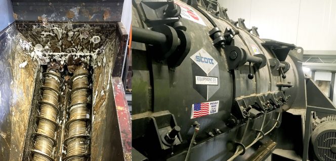 Twin screws in the bottom of the feed hopper (left) tear open cardboard boxes and other containers while conveying the contents to the separator. Access doors on the separator (right) allow removal of material that may jam the internal paddles, and enable entry for cleaning, maintenance, and adjustment of the screen and paddles. 