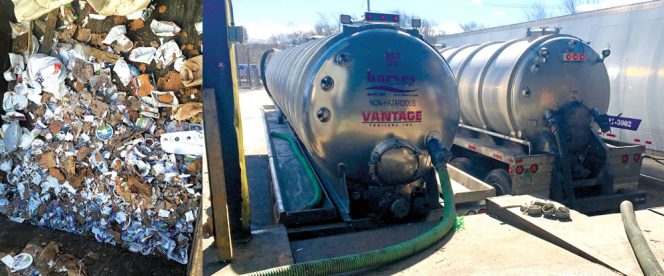 Residual packaging consists primarily of cardboard, plastic containers, and film plastic, and is typically too commingled for further recycling (left). Tanker trucks (right) are parked adjacent to the separator so liquid food waste can be loaded for transport to AD facilities in Maine and Massachusetts.