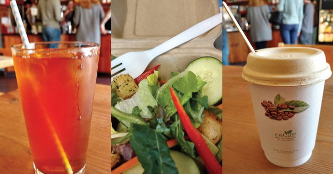 Paper straws have replaced plastic (left). Clamshells and cutlery must be certified compostable (middle). Plastic stir sticks, polystyrene lids and plastic-coated cups are prohibited (right).