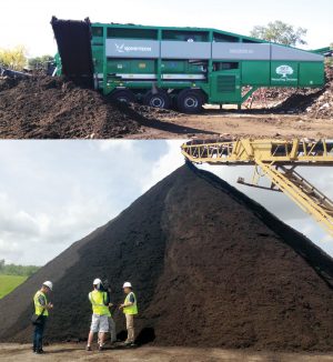 Finished compost (above) is screened to a half-inch using a Komptech L3 Multistar Screener (top left), but SET can go smaller if customers have specific requirements.