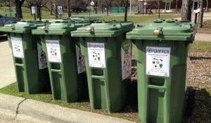 Six of the seven residential food scraps and food-soiled paper drop-off sites are in city parks in Minneapolis. Initially, all carts were locked (above) to prevent contamination.