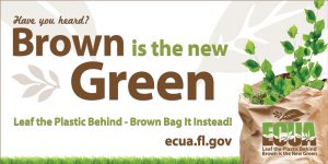 An educational campaign was launched to encourage ECUA’s residential customers to use compostable paper bags or reusable containers for setting out yard trimmings. Six trucks had 4-foot by 9-foot panels (above) on each side to serve as mobile billboards on collection routes.