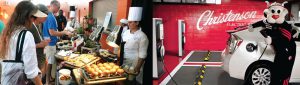 Fans embrace having local and organic food options (left), which help to support regional economies. Blaze, the Portland Trail Blazers mascot (right), unveils the electric vehicle charging stations at the Moda Center where the NBA team plays. 