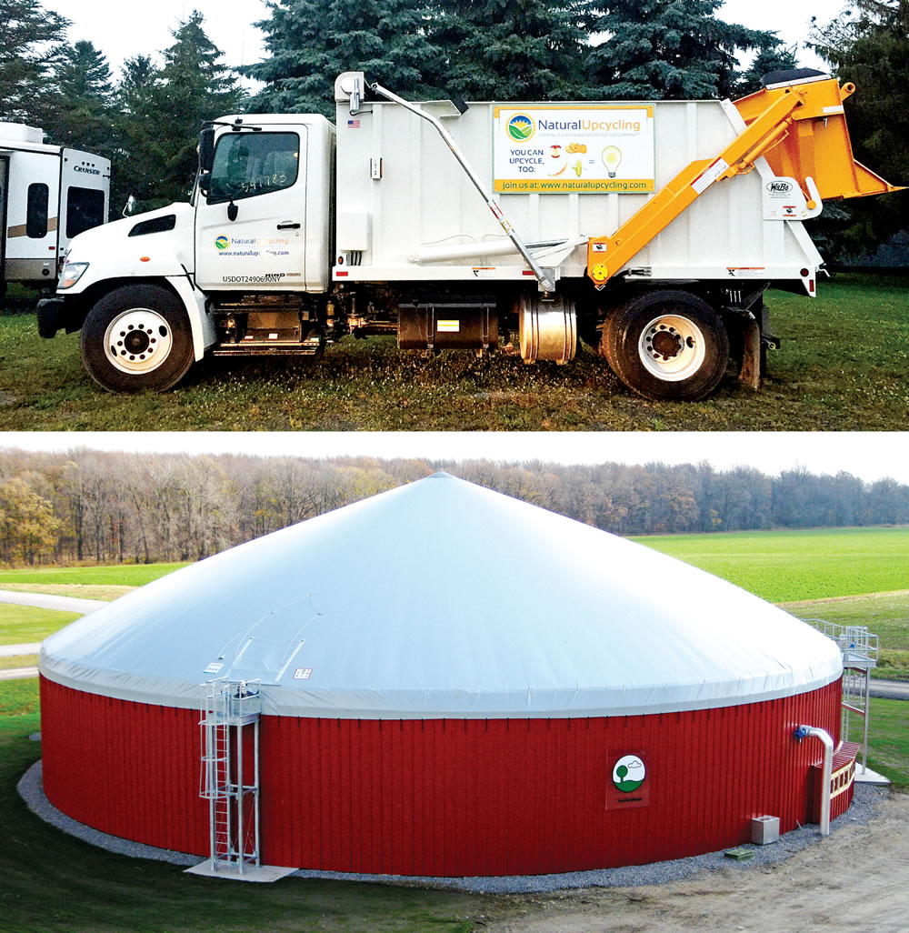 Natural Upcycling Services has a fleet of five Brown Industrial food waste collection trucks (example in top photo) that it uses to service commercial and institutional generators. A portion of the material collected is taken to the Noblehurst Green Energy digester in Livingston County, New York (above).
