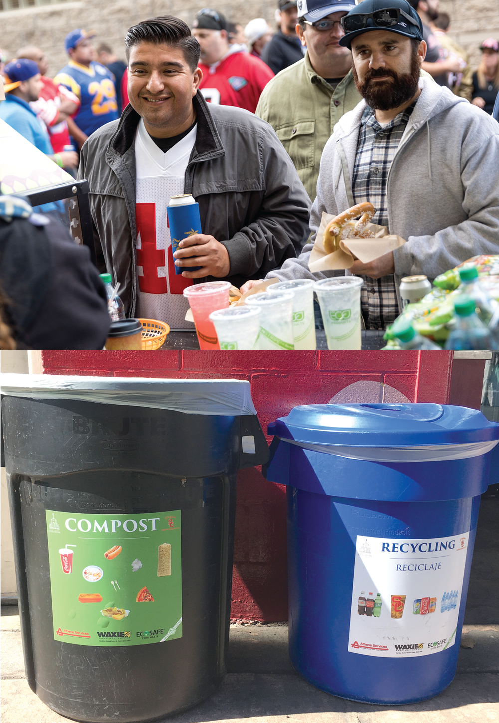 Most service ware at the LA Coliseum has been switched out with compostable products such as cups (top) and cutlery, and paper and fiber-based trays, clamshells and bowls. The Coliseum’s zero waste team opted to go with only compostables and recyclables bins (bottom) in the consumer-generated waste areas.