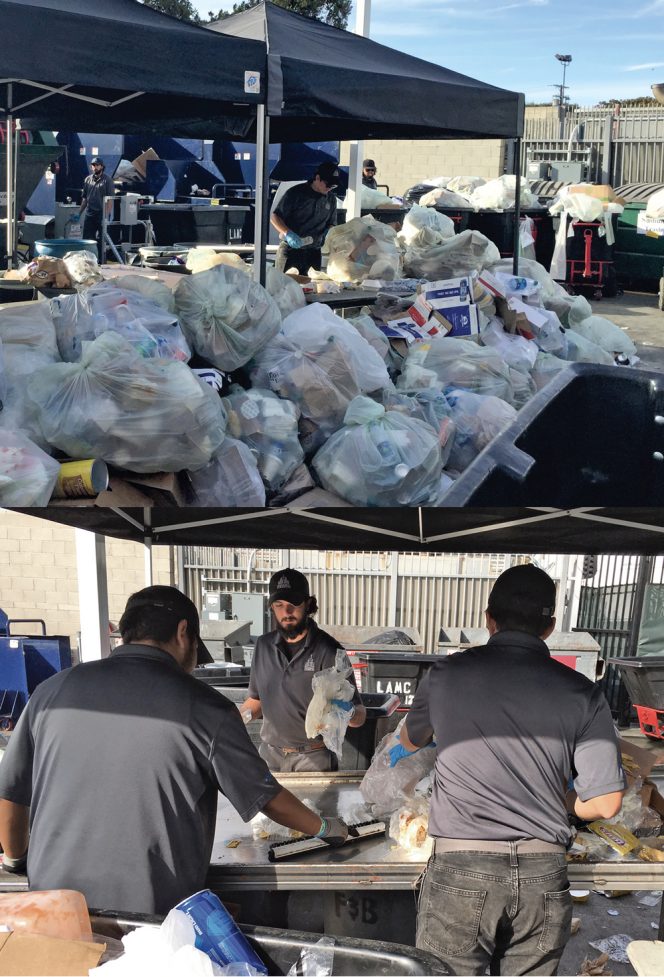 After games, bags of compostables and recyclables are sorted in a designated area of the stadium to remove “true trash.” 
