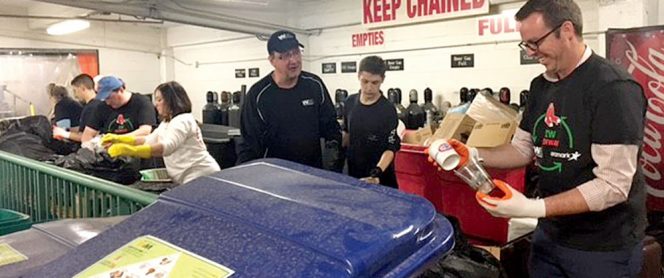 To increase diversion, Fenway Park has been testing sorting of the trash stream at the venue to retrieve recoverable items. The second of two postgame sorts of the trash this spring recovered 2.2 tons of “misplaced” compostables and recyclables (54% of 4 tons of trash). 