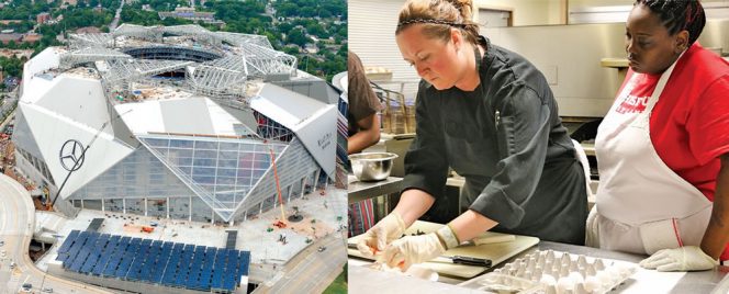 Mercedes-Benz Stadium (MBS) installed 1.3 MW of solar, enough to power 9 Atlanta Falcon’s games (above, left). A job training partnership with MBS, Atlanta’s Westside Works and Levy Restaurants has trained over 500 people in culinary arts (above) and construction.