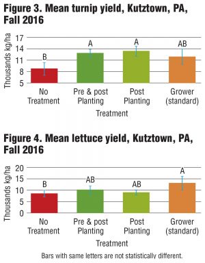 Figure 3. Mean turnip yield, Kutztown, PA,Fall 2016 Figure 4. Mean lettuce yield, Kutztown, PA, Fall 2016