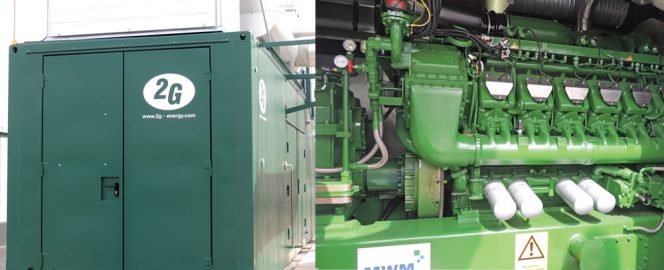 The 1.2 megawatt combined heat and power generator (right) is integrated with related components and housed in a container (left) supplied by 2G Energy.