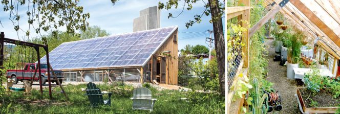 A greenhouse heated by passive solar and biothermal sources enables year-round food production.