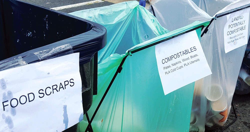 A 3-bin sorting system was used to collect front-of-house materials at Farm Aid, which yielded 22,851 lbs of compostable material. Food scraps comprised 46% of that total; 54% was compostable packaging and uncoated paper.