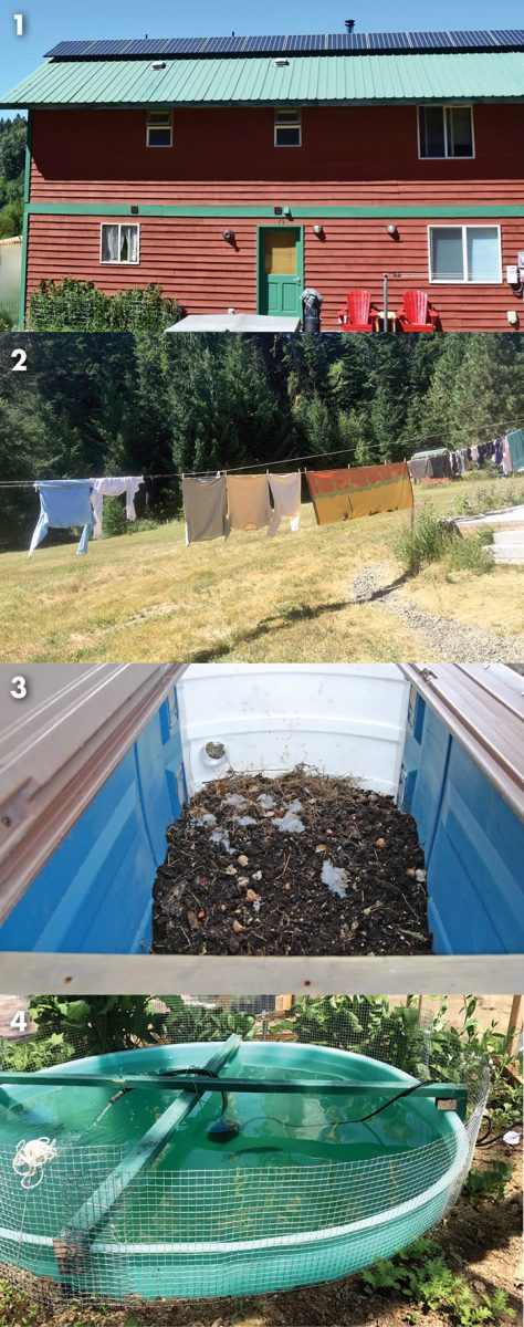 “Carbon footprint-shrinking” country living includes (1) solar panels; (2) air drying laundry; 3) home composting in a refurbished port a potty; and (4) aquaponics.