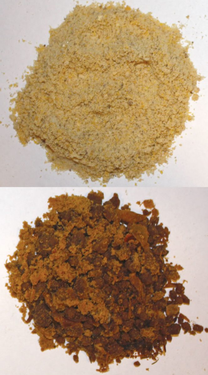 Dried supermarket food waste processed using the mobile dehydration unit (top). Dried food waste mixed into a complete diet for growing pigs (bottom). 