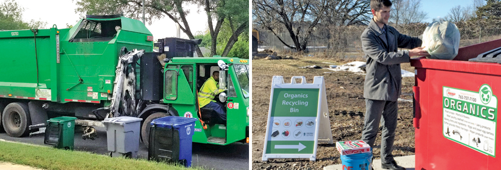 Austin, TX, the newest program included in this year’s survey, just rolled out curbside service to 52,000 households at the beginning of October, and plans to expand to all households by 2020 (left). Anoka County, MN has two year-round drop-off locations at county yard trimmings sites. Each site has separate drop-off containers for food waste/soiled paper/compostable plastics, yard trimmings and tree waste (right).