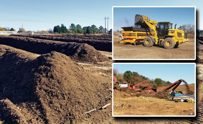 The City of Raleigh’s yard trimmings composting site uses a Morbark tub grinder (top inset) to size reduce incoming materials to a uniform size. Last year, it procured a Doppstadt trommel screen (bottom inset), which “relieved the final pinch point” that would occur when compost was ready to sell.