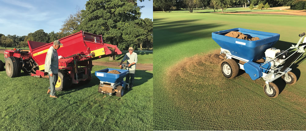 The North Shore Country Club in Glenview, Illinois was an early adopter of using compost as a top dressing on golf courses. The Club utilizes an Ecolawn applicator to top dress its turf (loading the spreader (left) and application of an 85:15 sand-compost and biochar mix (right)).