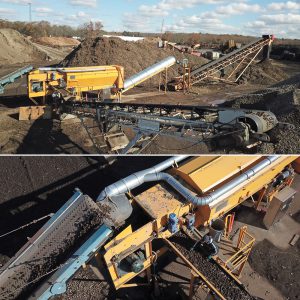 Tailings comprised of loam, wood and stone are preprocessed via a vibrating screen, hand picking of oversized wood and then a trommel to separate out the loam. The wood and stone are then separated using an AirMax Material Density Separator (bottom photo). 