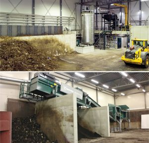 All inputs are combined in a mixing unit in the reception hall (top). Recirculated digestate and make-up water is added as required to achieve 33 percent dry solids content. After a retention time of 30 to 35 days, digestate is dewatered and composted for 7 to 10 days then screened (bottom). 