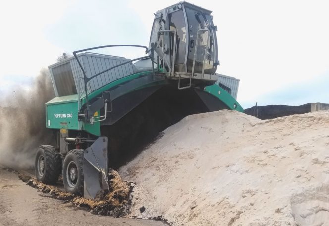 Royal Oak Farm in Virginia utilizes a windrow turner to mix soil, sand and compost to create custom soil blends.