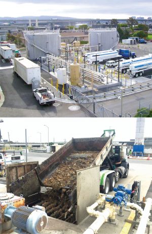 The high strength organics (HSO) receiving area (top) at the East Bay Municipal Utility District (EBMUD) was built in 2014, along with a new HSO blending facility. Most of the HSOs arrive as a liquid. Feedstocks higher than 15 percent solids (example above) have to be slurried after being unloaded.