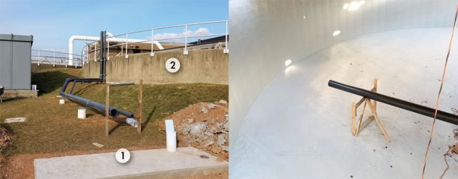 Concrete slab in foreground (1) in photo (left) will hold a control panel and station where tanker trucks delivering slurried food waste will connect to a pipe to unload. The feedstock will be transported a short distance to a receiving tank (2). The receiving tank (right) had been used by Rahway Valley Sewerage Authority as a gravity thickener. The tank’s interior has been retrofitted with jet nozzles. A coating was applied to the concrete surface to prevent corrosion.