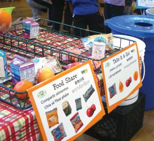 Food share table and 3-bin sorting station at school in the Oakland Unified School District.