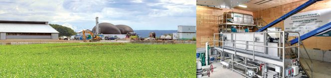 SeaBreeze Farms anaerobic digestion facility (left). Nutrient recovery system includes fiber extraction and DAF tank with integrated polymer hydration (right).