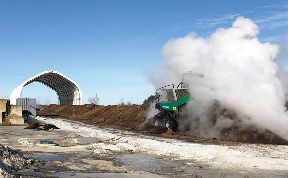 The AGT compost aeration and heat recovery system (CAHR) captures energy in steam in compost windrows for on-site heating uses.