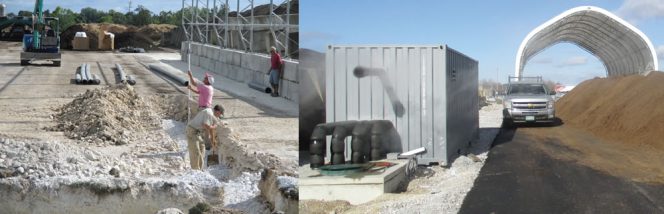 VNAP and AGT built the aeration pad and drainage system (left). The second Hot Box 250-R installed in 2017 has negative aeration, recirculation and heat recovery features (right).